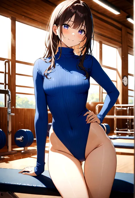 highquality illustration, masterpiece, very delicate and beautiful, attractive girl,(colorful leotard, heattech leotard,tight leotard,long_sleeve leotard,ribbed leotard,high_leg leotard,turtleneck leotard),gymnastics club,gymnastics athlete,bare legs,gymna...