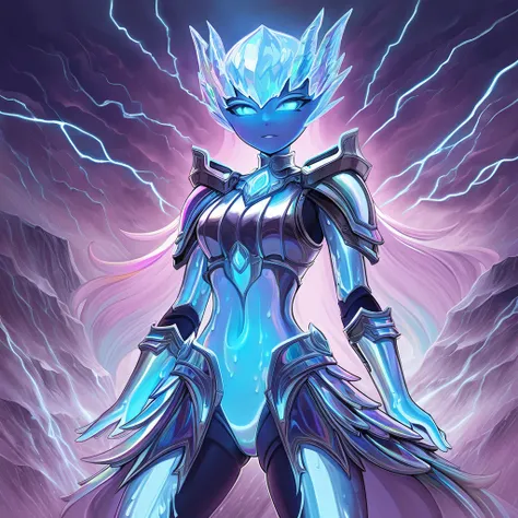 Slime Girl with translucid white-blue glowing skin and dripping with electric slime slime that is full of electromagnetic current wearing armor wreathed in lightning in the mist of a epic lighting storm in iridescent foil anime art style