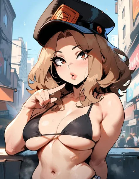 1girl, utsushimi kemii, boku no hero academia  masterpiece, best quality, very aesthetic, absurdres, newest  slim body,///// ,by nyantcha,cutesexyrobutts , by khyle,,////// beautiful face, sexy, bikini.,  ,plump and glossy lips, city background, looking at...