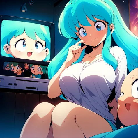 score_9, score_8_up, score_7_up, lum, retro artstyle, 1980s style, blue eyes, eyeshadow, green hair, long hair, bangs, aqua hair...