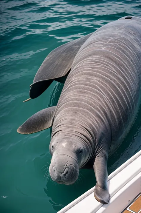 Manatee on top of a boat 