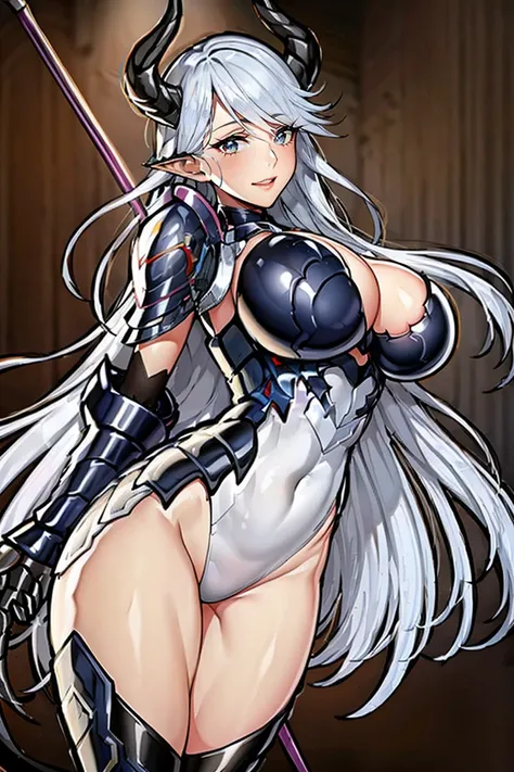 armor, leotard, shoulder armor, cleavage cutout, leotard, breastplate, gauntlet, thig high boots, detachable collar, large breasts, cleavage, long hair, white, red eyes, beautiful, horn on side head, masterpiece, masterwork, super fine illustration, ultra ...