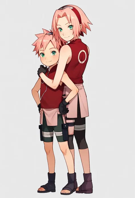 score_9, score_8_up, score_7_up, score_6_up, score_5_up, score_4_up, BREAK, source_anime, 1girl, haruno sakura, pink hair, short hair, green eyes, sleeveless, red shirt, forehead protector, bike shorts, shorts, black gloves, hands on hips, smile, standing,...