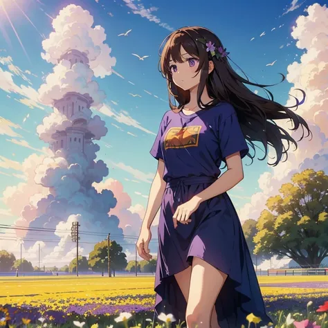 Masterpiece, best quality, high quality, One girl, has long brown hair, purple eyes, wears long blue sirt, walking on the field, flowers on the field, Summer, clouds on the sky, sunny day, shy mile