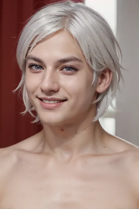 (masterpiece), best quality, expressive eyes, perfect face,Anime boy,white hair,Red eyes,white eyelashes,Smiling,Handsome,Cool, Very very very very very very very handsome 