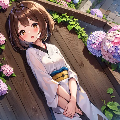 masterpiece, Highest quality, High resolution, Gloria1, 1 Girl, Gloria(Pokémon), Brown Hair, , Brown Eyes, , Short Hair, , Bobcut, bangs, , 　１Describe a girl carefully　１Girl　Expression in love　blush　Open Mouth　blush　　kimono（Hydrangea pattern）　Upper Body　Ja...