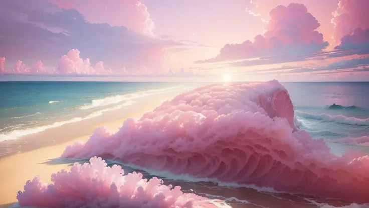 "((((Pink ocean))),((best quality, masterpiece级别))),((White clouds in the sky)),natural scenery,Light Solution,Realistic landscape,high resolution,Extremely detailed,masterpiece,Best quality,art itself,Top quality,(masterpiece级别:1.3),Atmospheric perspectiv...