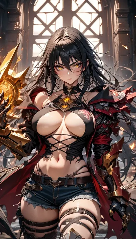 Adult girl, long black hair, yellow eyes, red ripped battle form, golden elements, shorts, iron gloves, iron sabatons, lot of tattoo, scars, open belly, open breasts, wide neckline, boob window, window in chest,  muscles, demon claws, Masterpiece, best qua...