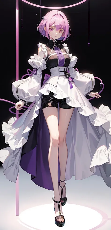 Short thin purple hair，Pink eyes，Royal sister，Coiled hair，White color blouse，Long sleeves，Hold your hands to your chest，Black  shorts，blacksilk，close-up on legs，(full body)