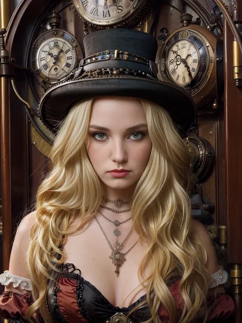 close-up, straight hair blonde short curly  girl the little red hat, clock on necklace, (Victorian era), ((steampunk)), cinematography, worked, elegant, meticulous, magnificent, maximum detail, extremely hyper-aesthetic, intricately detailed, lots of gears...