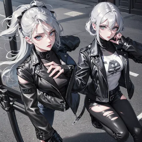 The beautiful biker girl , Light ash grey  hair elegantly curled,blue light eyes, punk styles, has tattos on the arm , Masterpiece（（tmasterpiece）），Black color Leather jacket（（black jean ）），，adorlable，mortor bike ，street wears, 