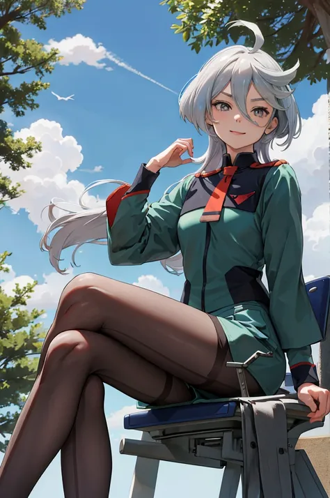 masterpiece, best quality, highres, miorine1, 1girl, miorine rembran, asticassia , solo, long hair, grey eyes, grey hair, ahoge, seamed legwear, green shorts, necktie, bangs, hair between eyes, black pantyhose, long sleeves, green jacket, floating hair, re...