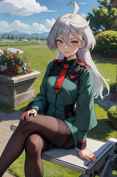 masterpiece, best quality, highres, miorine1, 1girl, miorine rembran, asticassia , solo, long hair, grey eyes, grey hair, ahoge, seamed legwear, green shorts, necktie, bangs, hair between eyes, black pantyhose, long sleeves, green jacket, floating hair, re...