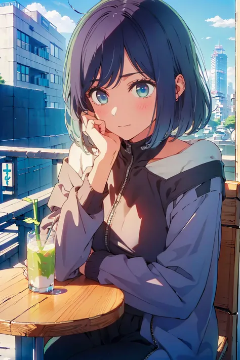 (Highest quality:1.4、8K:1.4、detailed)、F cup bust、Big Breasts、Slim body、Very white beautiful skin、((((1 person、Surprised expression、sit、Chair、In the background are the urban buildings of Tokyo、looking at the camera、Outdoor café terrace、Navy hair color、juice...