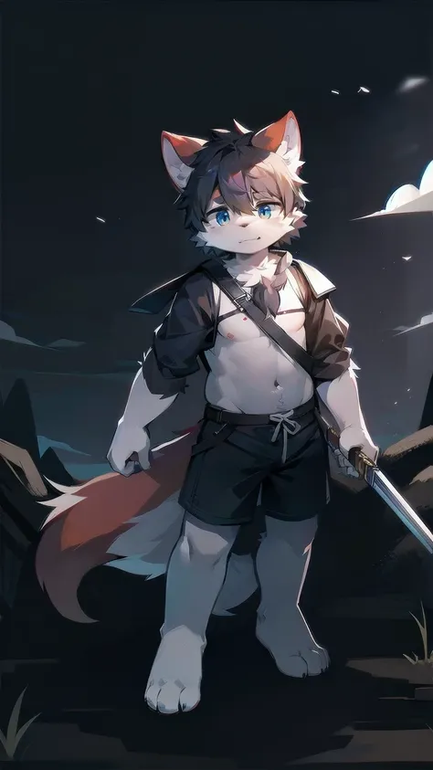 White Wolf，black hair，Sky blue eyes，hairy，Wolf ears，Wolf tail，Full body portrait，The character is in the center of the frame，Handsome，Confident eye***but，juvenile，Black and white combat uniform，Red neck bib，Black shorts，Short sleeve，hairy arms and legs，Dar...