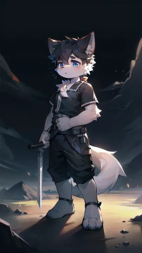 White Wolf，black hair，Sky blue eyes，hairy，Wolf ears，Wolf tail，Full body portrait，The character is in the center of the frame，Handsome，Confident eye***but，juvenile，Black and white combat uniform，Red neck bib，Black shorts，Short sleeve，hairy arms and legs，Dar...