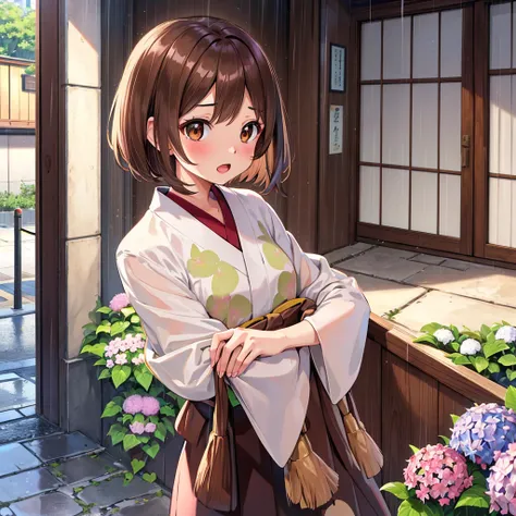 masterpiece, Highest quality, High resolution, Gloria1, 1 Girl, Gloria(Pokémon), Brown Hair, , Brown Eyes, , Short Hair, , Bobcut, bangs, , 　１Describe a girl carefully　１Girl　Expression in love　blush　Open Mouth　blush　　kimono（Hydrangea pattern）　Upper Body　Ja...