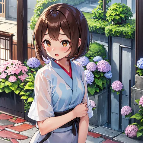 masterpiece, Highest quality, High resolution, Gloria1, 1 Girl, Gloria(Pokémon), Brown Hair, , Brown Eyes, , Short Hair, , Bobcut, bangs, , 　１Describe a girl carefully　１Girl　Expression in love　blush　Open Mouth　blush　　kimono（Hydrangea pattern）　Upper Body　Ja...