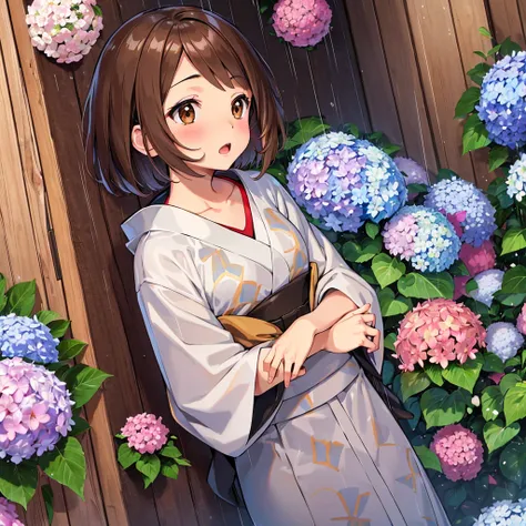 masterpiece, Highest quality, High resolution, Gloria1, 1 Girl, Gloria(Pokémon), Brown Hair, , Brown Eyes, , Short Hair, , Bobcut, bangs, , 　１Describe a girl carefully　１Girl　Expression in love　blush　Open Mouth　blush　　kimono（Hydrangea pattern）　Upper Body　Ja...