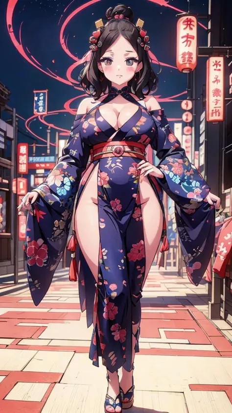 Japanese traditional clothing, Katsushika Hokusai Style, (cyber punk) (neon)