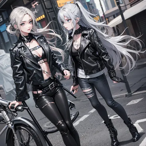 The beautiful biker girl , Light ash grey hair elegantly curled,blue light eyes, punk styles, has tattos on the arm , Masterpiece（（tmasterpiece）），Black color Leather jacket（（black jean ）），，adorlable，mortor bike ，street wears,