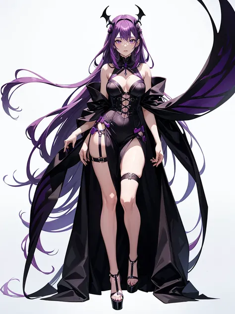 Adult female,Very long purple hair,Full body view,((full body)),Gothic attire,((body harness)),High heels,((paper tobacco)),Simple white background,