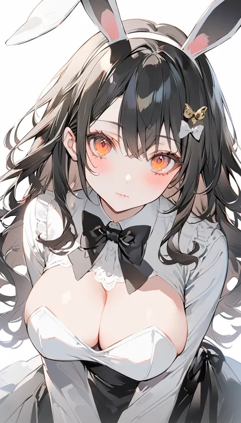 an anime style female character with long black hair and bunny ears poses in a tight white dress, 1girl, solo, animal ears, rabbit ears, breasts, long hair, black hair, bow, blush, looking at viewer, large breasts, black bow, gloves, bowtie, shirt, black b...