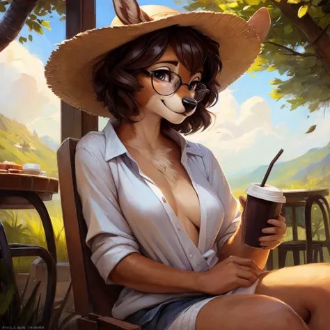 uploaded on e621, by Pixelsketcher, by Bayard Wu, by Thomas Benjamin Kennington , by Einshelm, by hioshiru and kenket, Chunie, portrait, solo anthro female deer doe, tiny featureless breasts, tiny breasts, clear dark blue, cinematic lighting, day, sunny da...