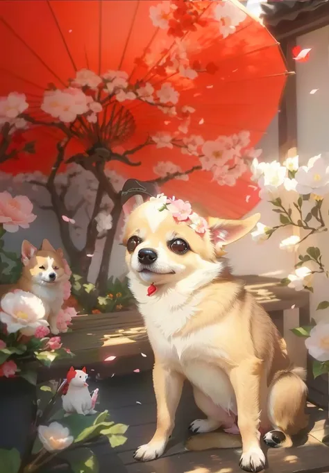 araffe sitting on a table with a red umbrella and flowers, miko, japanese dog, background is heavenly, けもの, photo of a beautiful, 4k!, 8k!, chihuahua, painting of cute dog, (((luke chueh))), [ realistic photo ]!!, 8k!!, the background is on fire, sha xi, m...