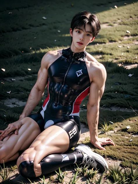 masterpiece,best quality, (A 16-year-old tall boy with a well-developed physique:1.2), (Kneeling upright on the campus grass:1.2),（Hero tights cycling suit）,(Broad shoulders),Muscular shoulders，（Extremely strong body），Attractive and fit body，Inverted trian...