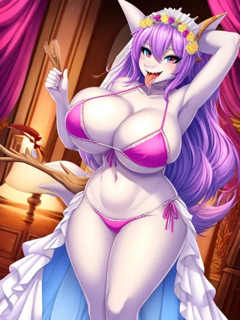 Shark girl, very sexy, big breasts, wedding dress bikini, Stick out your tongue and drool.