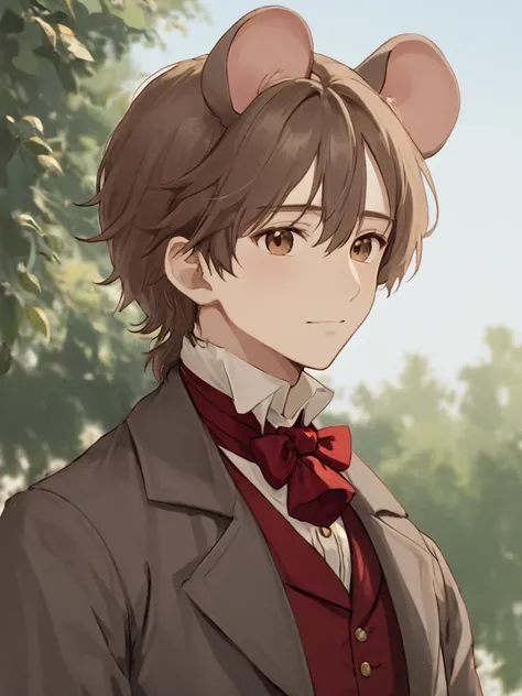 high_quality, 4k, masterpiece, 1boy, solo, kemonomimi, Mouse_boy, mouse_ears, mouse_tail, chin_length_brown_hair, brown eyes, young, short, 1840s_era_clothing, tattered_clothing, Frock_coat, red_cravat, smug, fair-skinned, looking_up_at_viewer, outdoors