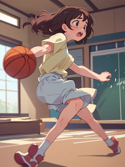 School Physical education class , healthy Eros , halation , ugly girl , round face , loose body , (Bloomers) , basketball , motion blur , dynamic play