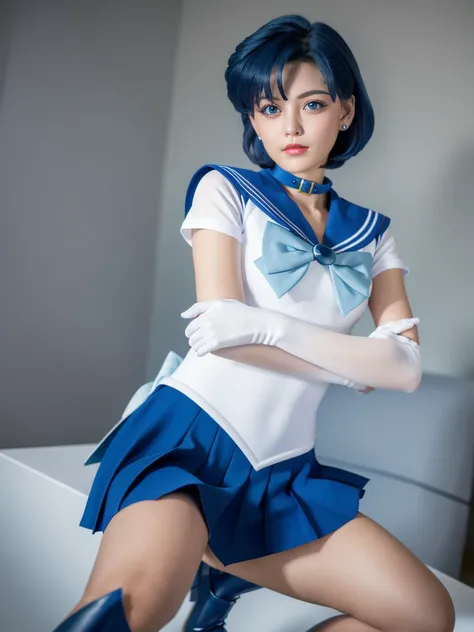 Masterpiece, best quality, high resolution, mer1, tiara, sailor uniform, blue sailor collar, bow, knee-length boots, collar, white gloves, blue collar, elbow gloves, jewelry, earrings, blue skirt, denim lens,