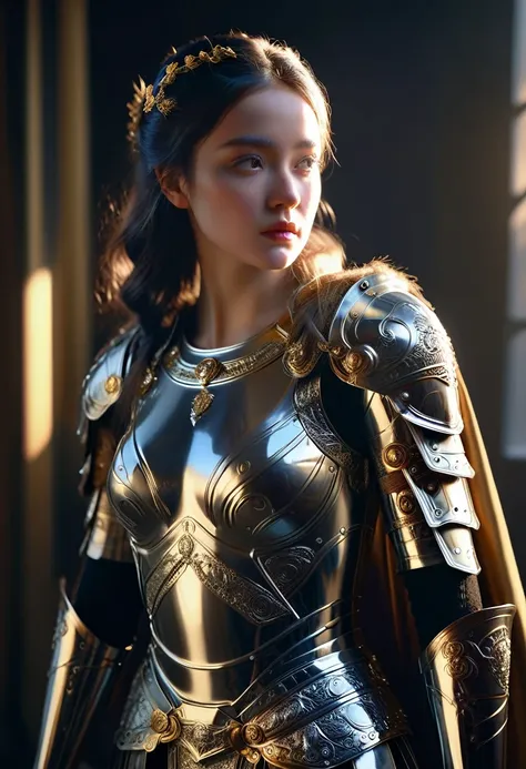 a beautiful woman dressed as a roman empire knight in a modern setting, detailed ornate armor, golden accents, flowing cape, pie...