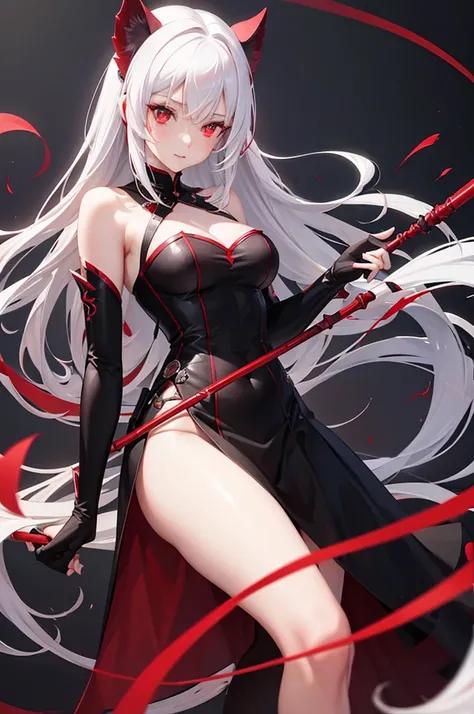 masterpiece,best quality,1girl,solo ,red eyes,white hair, red hair, beautiful, graature,adult,⁶⁶llll see⁶evil,tail,holding a black and red spear