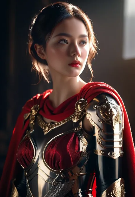 a beautiful woman dressed as a roman empire knight in a modern setting, red cape, shiny armor, sexy,detailed ornate armor, golde...