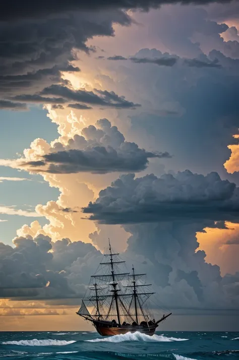 the ocean during a storm, a sailing ship in the distance, lightning in the sky