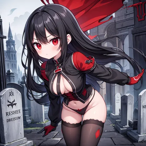 A cute ghostly girl, black hair, red eyes, black and red tattered clothing, black and red gloves, black stockings, cold stare, ripped clothing, medieval, graveyard background