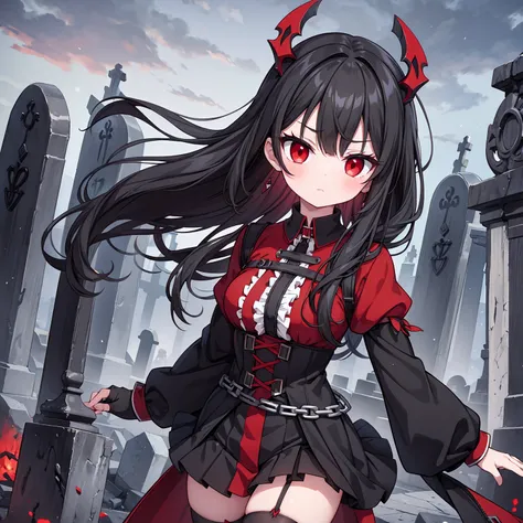 A cute ghostly girl, black hair, red eyes, black and red tattered clothing, black and red gloves, black stockings, cold stare, ripped clothing, medieval, graveyard background