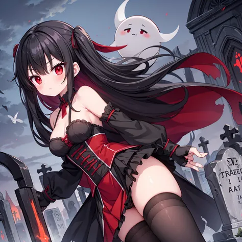 A cute ghostly girl, black hair, red eyes, black and red tattered clothing, black and red gloves, black stockings, cold stare, ripped clothing, medieval, graveyard background