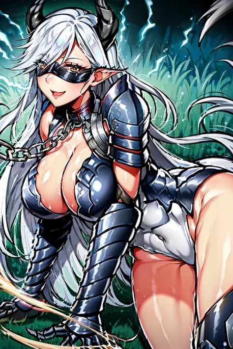 armor, leotard, shoulder armor, cleavage cutout, leotard, breastplate, gauntlet, thig high boots, detachable collar, large breasts, cleavage, long hair, white, (((blindfold))), beautiful, horn on side head, masterpiece, masterwork, super fine illustration,...