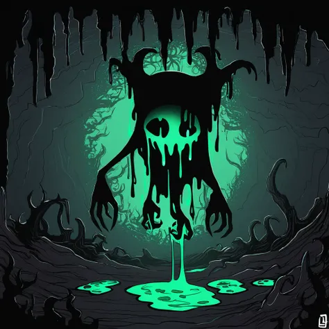 abandon the Slime Girl before it is to late! she will morph into a monster and devour you! background cave in creepy pasta art style