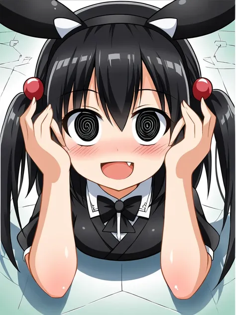 black hair, hair bobbles, wince, longeyelashes, solid circle eyes, fake animal ears, light smile, ear blush, fang, Surrealism, drop shadow, anaglyph, stereogram, tachi-e, pov, atmospheric perspective, 8k, super detail, ccurate, best quality