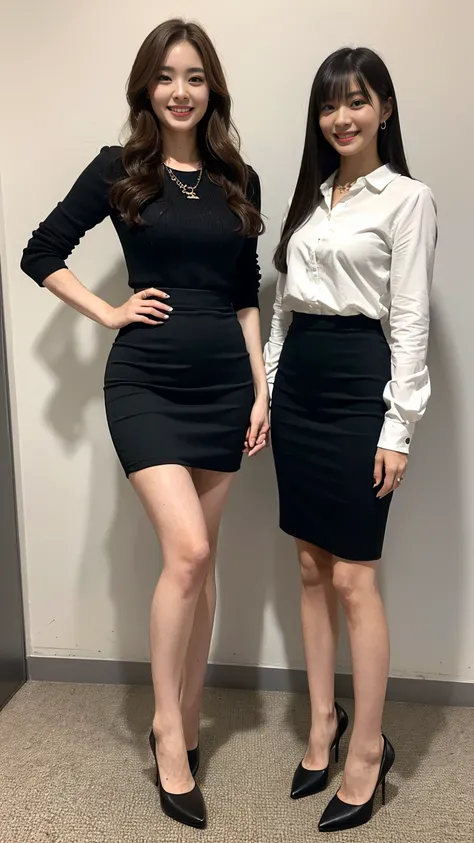 (Highest quality, masterpiece, Photo Real, Super detailed, Ultra-high resolution, born:1.3), (Two Girls), beautiful, Japanese, mature, 28 years old, (Pencil Skirt), (smile), Long Hair, bangs, high waist, necklace, office, (Long legs, High heels, whole body...