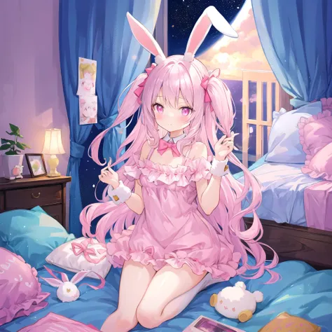 beautiful illustration, best quality, cute girl, bedroom, pastel color, fluffy bunny ears, , silver long hair, rabbit stuffed toy, bright lighting, light pink eyes