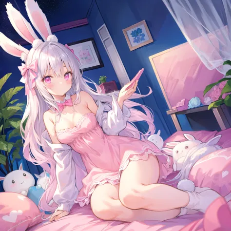 beautiful illustration, best quality, cute girl, bedroom, pastel color, fluffy bunny ears, , silver long hair, rabbit stuffed toy, bright lighting, light pink eyes