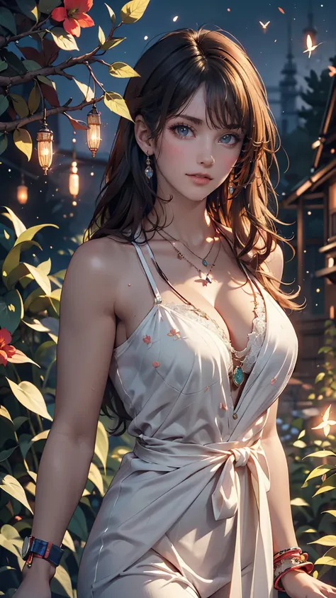 (8K, Highest quality, masterpiece: 1.2), (Realistic, photoRealistic: 1.37), Super detailed, 24-year-old woman, Sexy proportions、Sexy、Narrow waist、Attach a necklace、Wear accessories on your wrist、smile、Wide viewing angles, Firefly Garden, Lots of little fai...