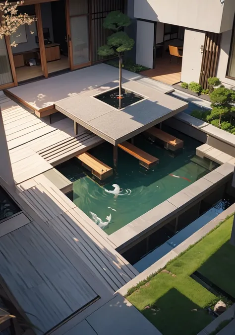 Lounge with japanese design, Modern architecture, central courtyard with sitting area and koi pond. Aerial view, sunken sitting area, external architecture design