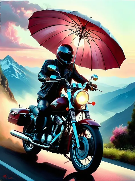 A realistically depicted ethereal entity, confidently astriding a maroon motorcycle, holds an umbrella aloft with an air of effortless composure, precisely similar to a Harley Davidson, cruising along a twisty mountain road. The environment that envelopes ...